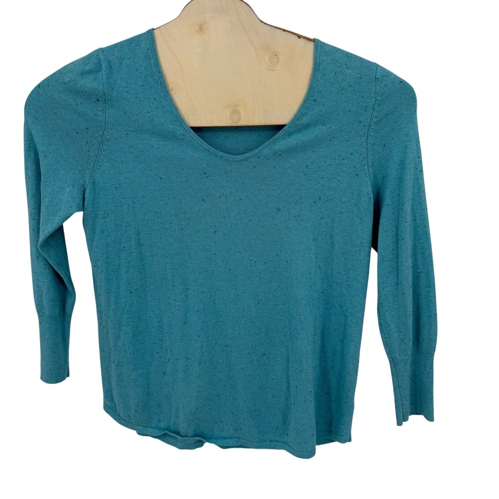 NIC+ZOE Recycled Cotton Sweater  XL Blue V-Neck Speckled Knit Top Eco-Friendly